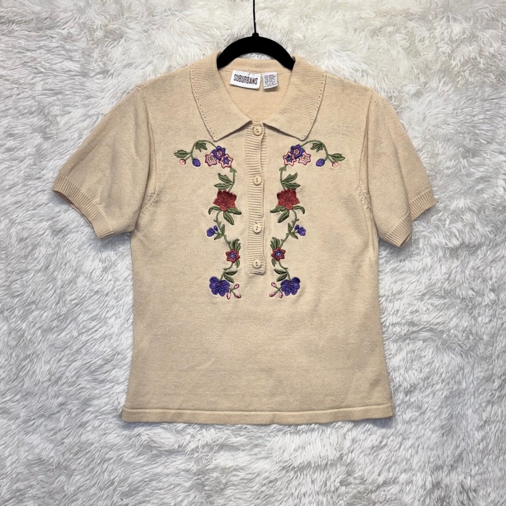 Vintage Suburbans Tan Floral Embroidered Knit Polo Sweater Short Sleeve Medium